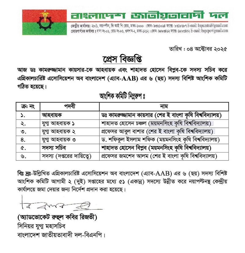 এ্যাবের আংশিক কমিটিতে বাকৃবি ও শেকৃবির নাম ভুল, শিক্ষার্থীদের মাঝে অসন্তোষ 