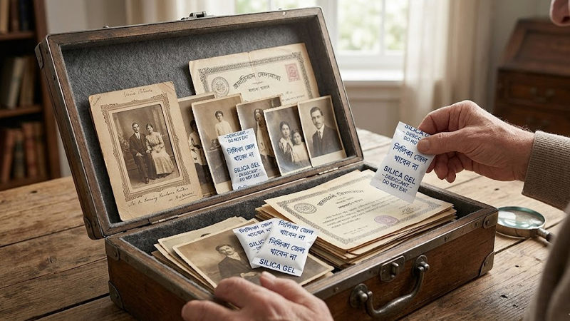 পুরোনো ছবি ও কাগজ সংরক্ষণের জায়গায় কয়েকটি সিলিকা জেল প্যাকেট রাখলেই হবে। ছবি: এআই দিয়ে তৈরি