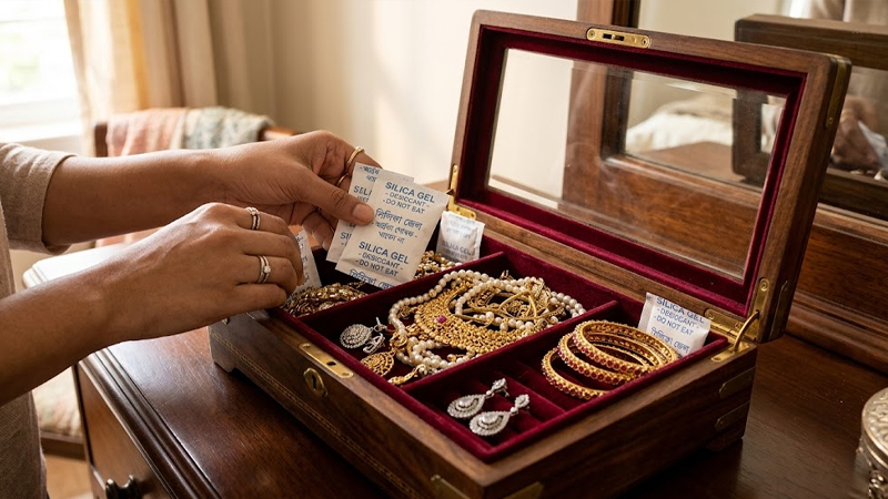 জুয়েলারি বক্সে সিলিকা জেল রাখলে ভেতরের আর্দ্রতা কমে, ফলে গয়না দীর্ঘদিন উজ্জ্বল থাকে। ছবি: এআই দিয়ে তৈরি