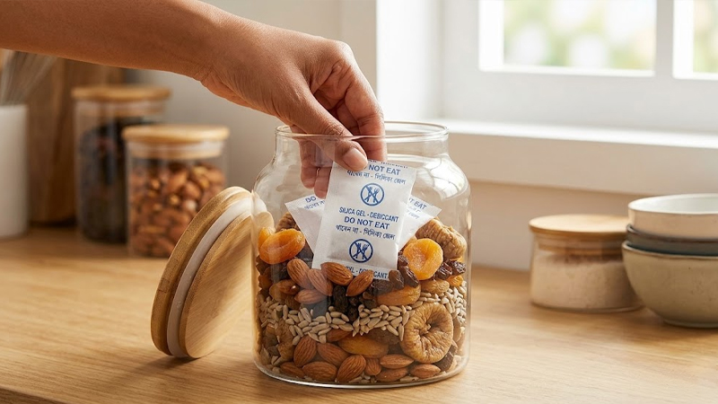  সিল করা অবস্থায় সিলিকা জেল প্যাকেট পাশে রাখলে খাবার শুকনো থাকে। ছবি: এআই দিয়ে তৈরি