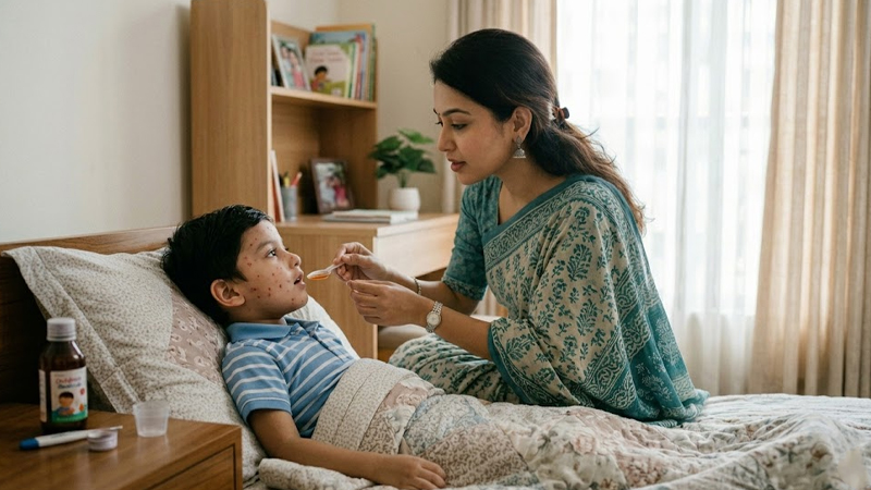 শিশু অসুস্থ হলে তাকে স্কুলে পাঠানো যাবে না। ছবি: এআই দিয়ে তৈরি